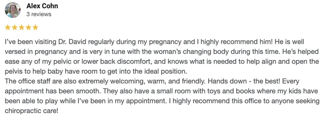 Chiropractic Barrington NH Testimonial Alex C A 5-start Google review of Middleton Chiropractic at Barrington citing excellent pregnancy care