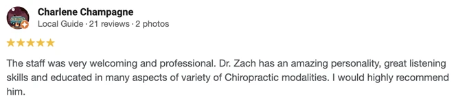 Chiropractic Barrington NH Testimonial Charlene C A 5-start Google review of Middleton Chiropractic at Barrington praising the welcoming staff