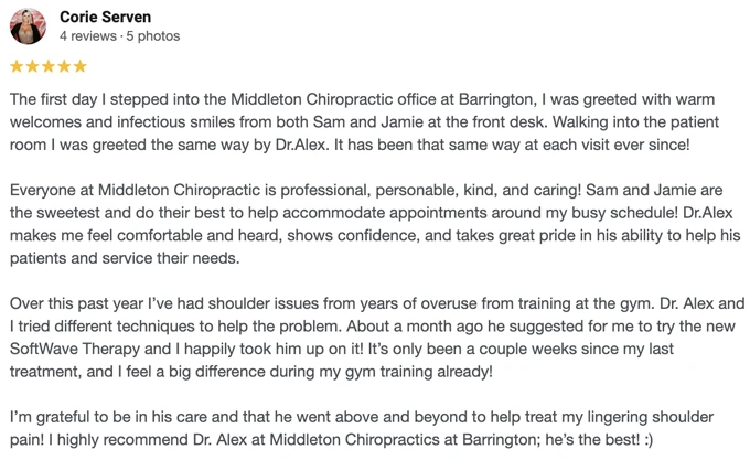 Chiropractic Barrington NH Testimonial Core S A 5-start Google review of Middleton Chiropractic at Barrington praising the warm and friendly staff
