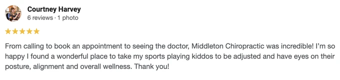 Chiropractic Barrington NH Testimonial Courtney H A 5-start Google review of Middleton Chiropractic at Barrington calling the office incredible