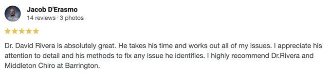 Chiropractic Barrington NH Testimonial Jacob D A 5-start Google review of Middleton Chiropractic at Barrington praising Dr. David Rivera