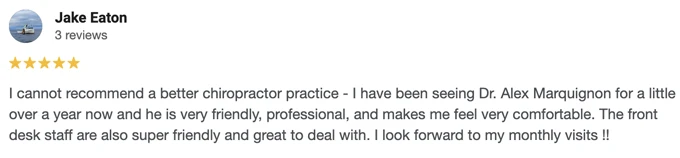 Chiropractic Barrington NH Testimonial Jake E A 5-start Google review of Middleton Chiropractic at Barrington praising Dr. Alex