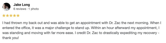Chiropractic Barrington NH Testimonial Jake L A 5-start Google review of Middleton Chiropractic at Barrington praising Dr. Zac's care