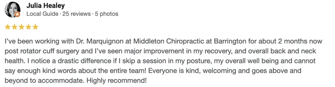 Chiropractic Barrington NH Testimonial Julia H A 5-start Google review of Middleton Chiropractic at Barrington praising the expert care
