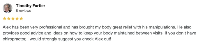 Chiropractic Barrington NH Testimonial Timothy F A 5-start Google review of Middleton Chiropractic at Barrington citing great relief